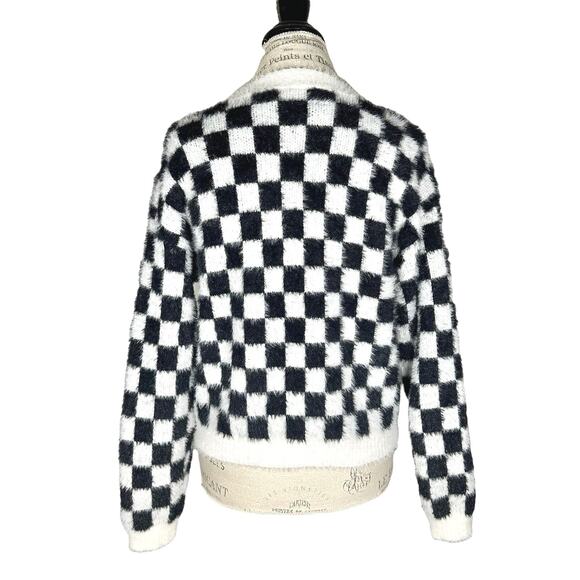 Industry | Women | Black White Checkered Fluffy Knit Button Up Cardigan | Medium - Picture 2 of 12